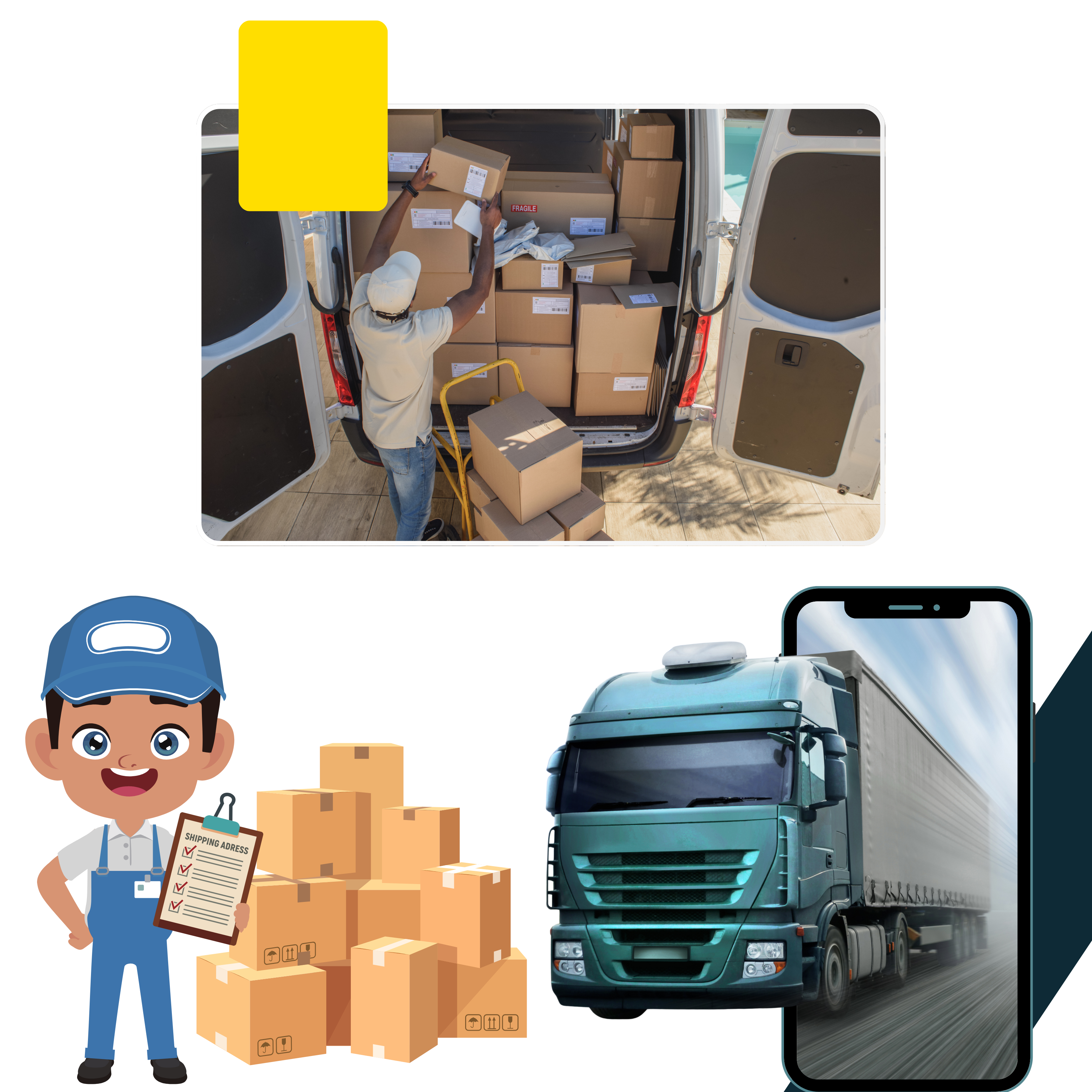 Loading parcels into a van, a delivery checklist, and a truck on the road